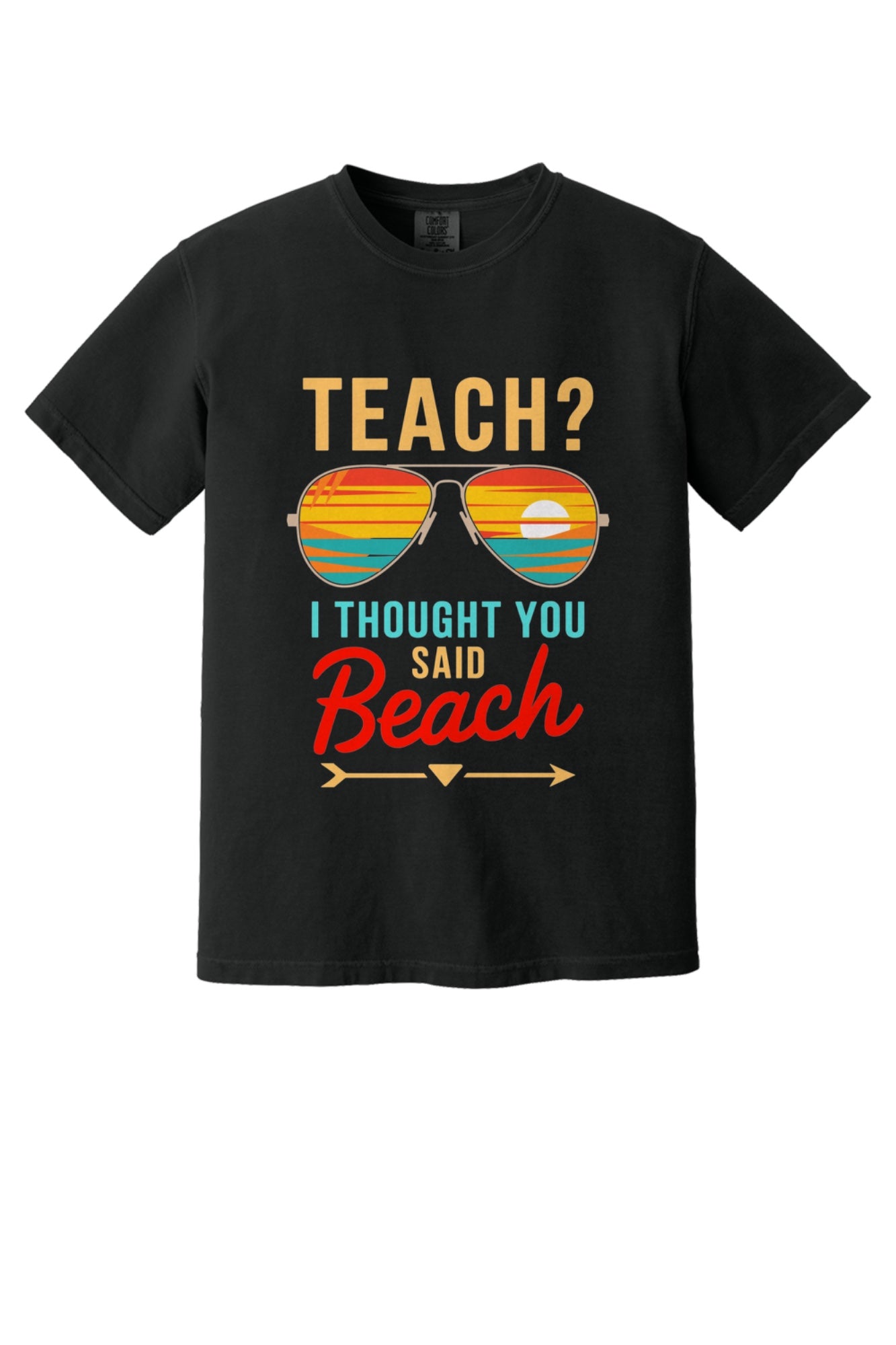 Teach I Thought You Said Beach printed teacher tee with retro aviator sunglasses sunset graphic in Black