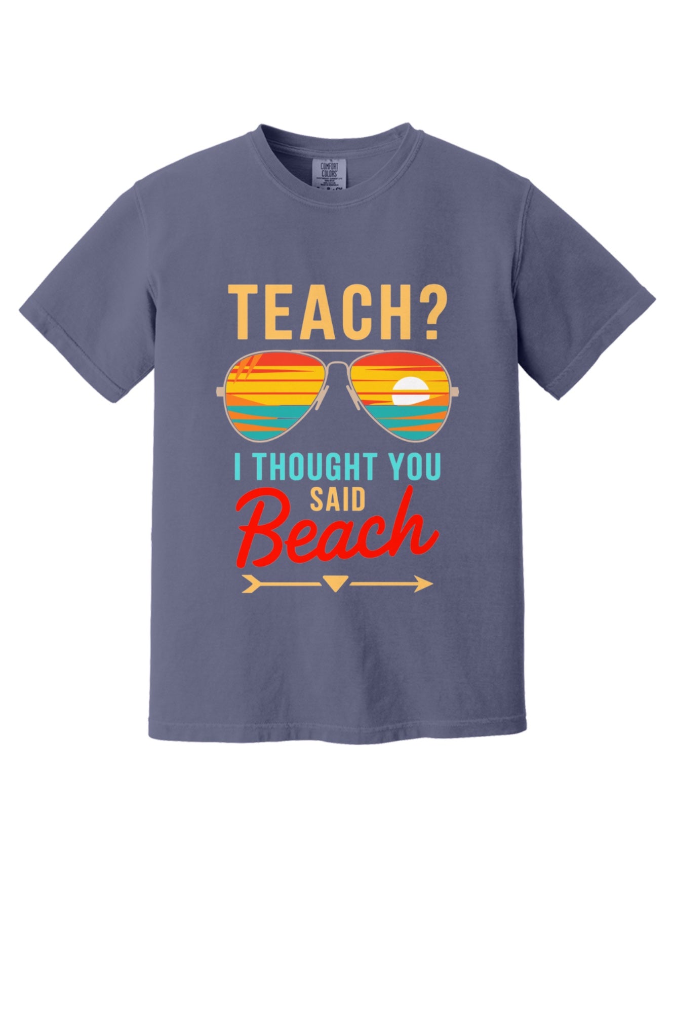 Teach I Thought You Said Beach printed teacher tee with retro aviator sunglasses sunset graphic in Grape