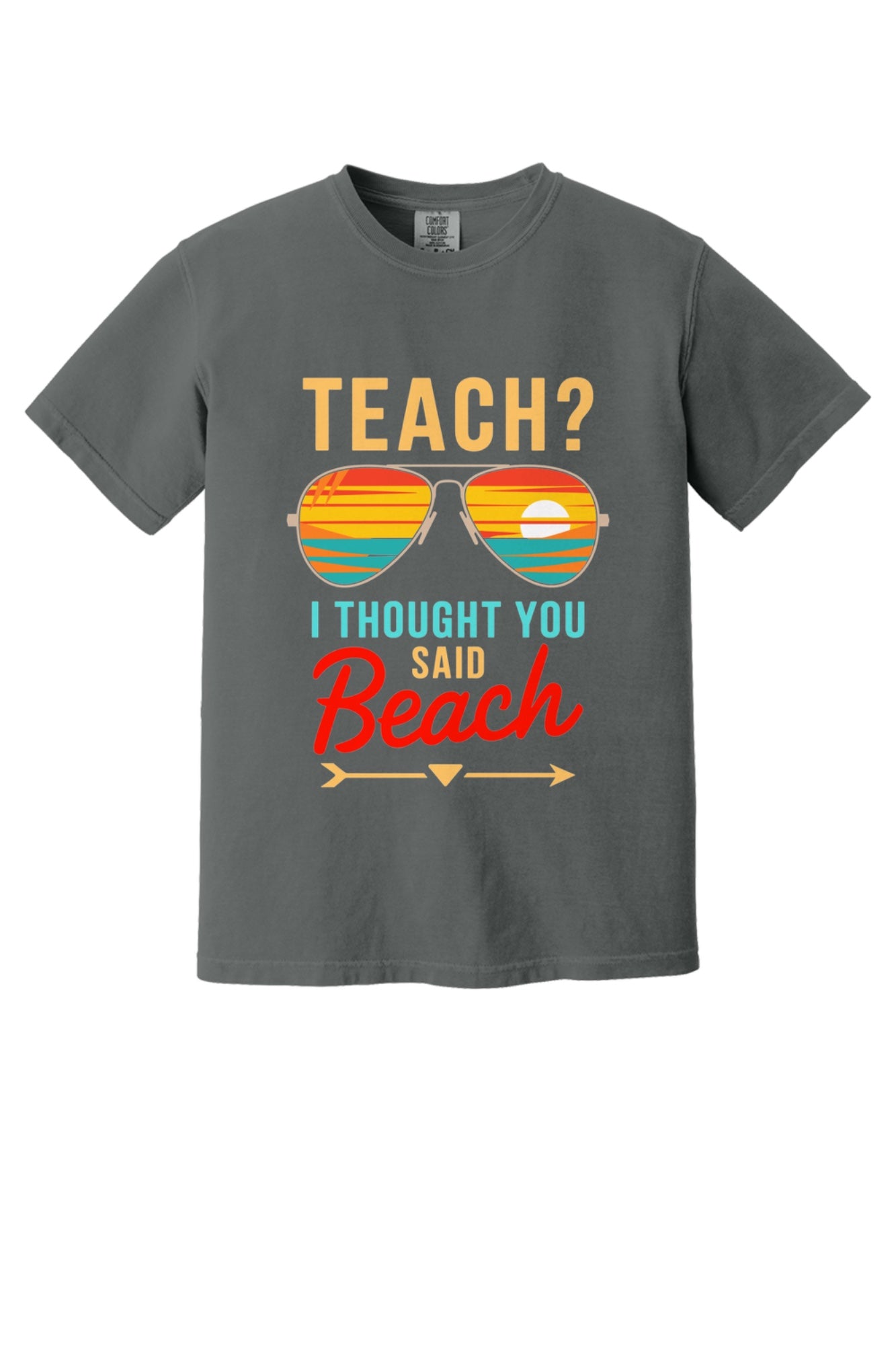 Teach I Thought You Said Beach printed teacher tee with retro aviator sunglasses sunset graphic in Pepper
