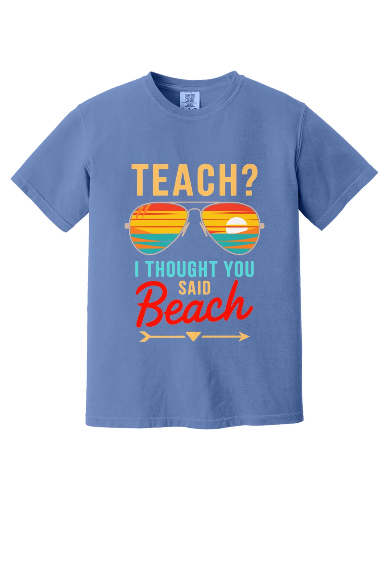 Teach I Thought You Said Beach printed teacher tee with retro aviator sunglasses sunset graphic in Periwinkle
