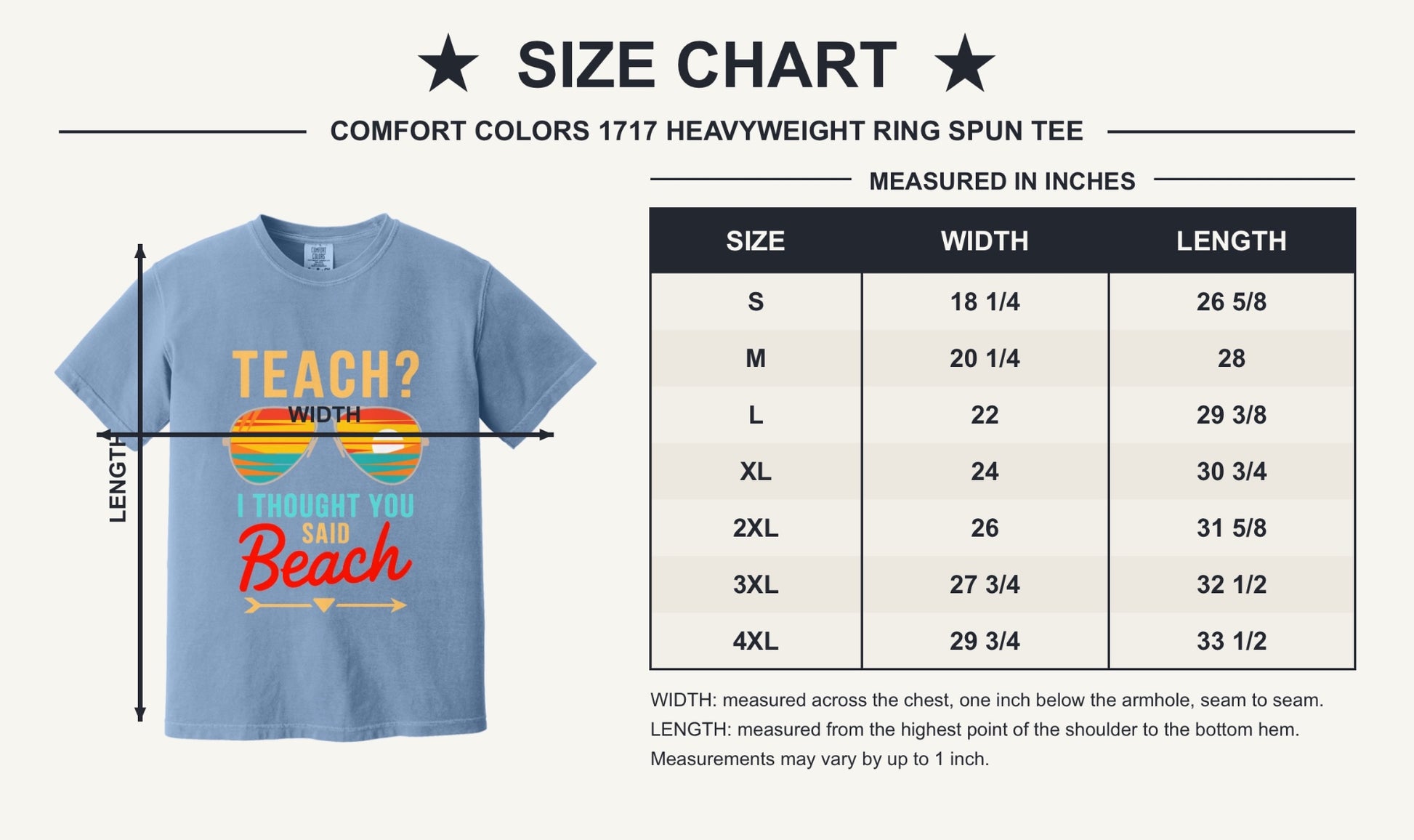 Teach I Thought You Said Beach printed teacher tee with retro aviator sunglasses sunset graphic - size chart