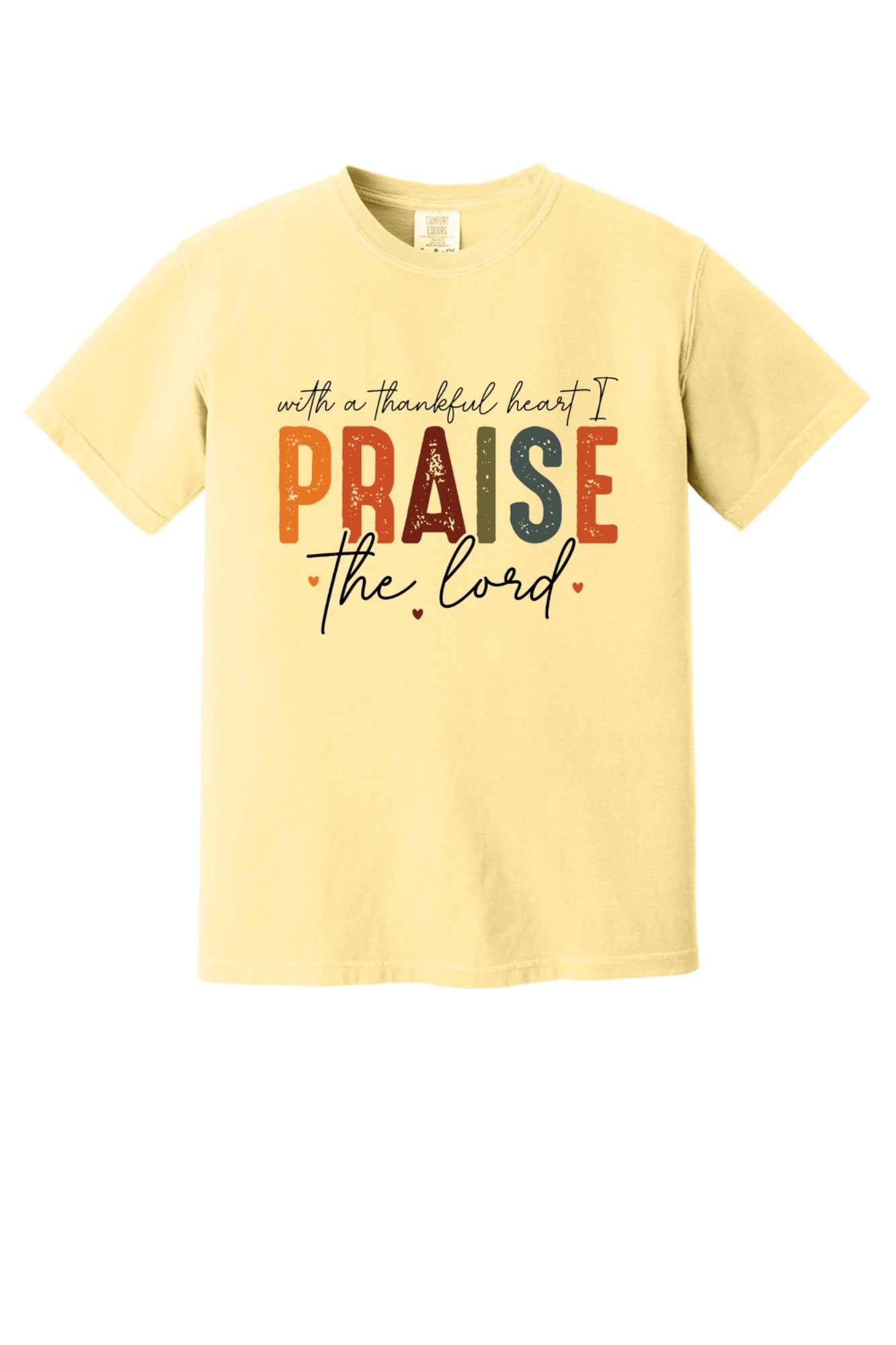 With a Thankful Heart I Praise the Lord printed Thanksgiving faith graphic tee in ivory in Butter