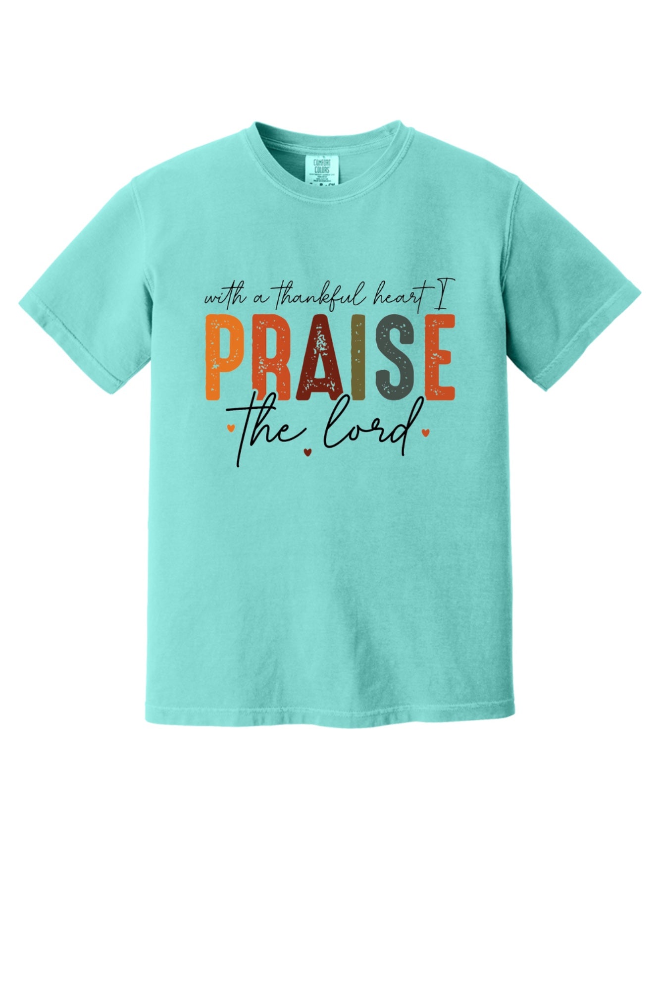 With a Thankful Heart I Praise the Lord printed Thanksgiving faith graphic tee in ivory in Chalky Mint