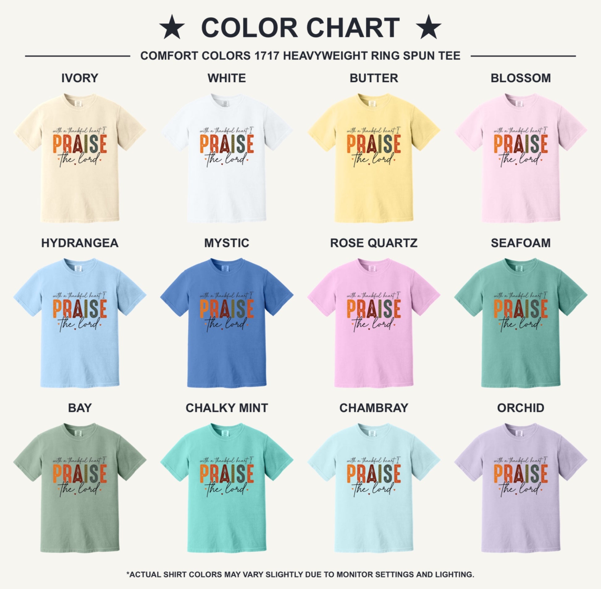 With a Thankful Heart I Praise the Lord printed Thanksgiving faith graphic tee in ivory - available shirt colors chart