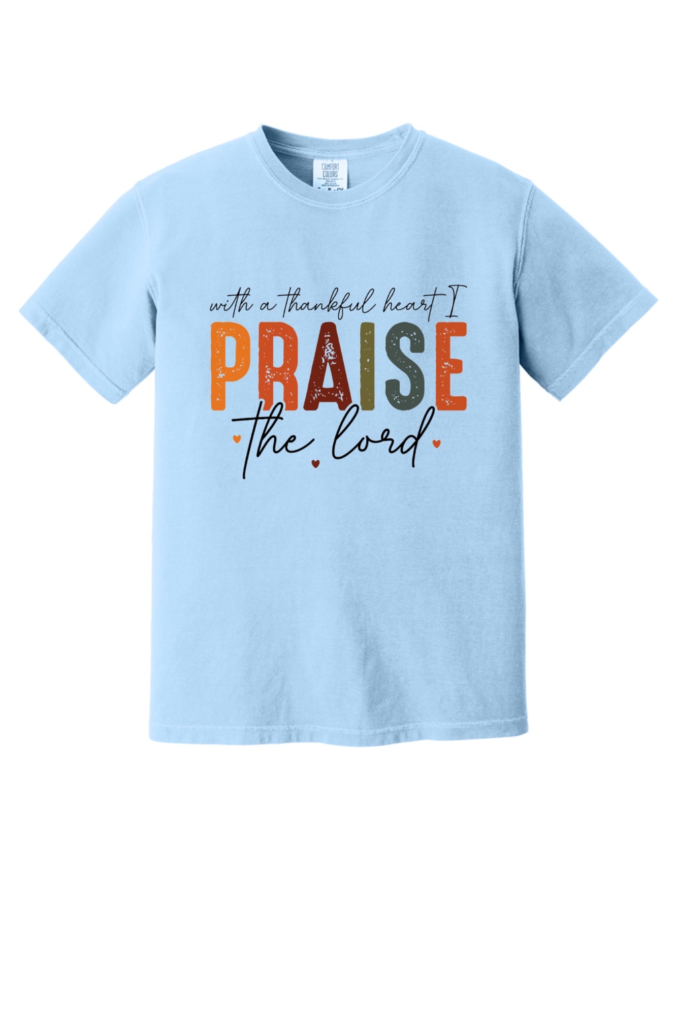 With a Thankful Heart I Praise the Lord printed Thanksgiving faith graphic tee in ivory in Hydrangea