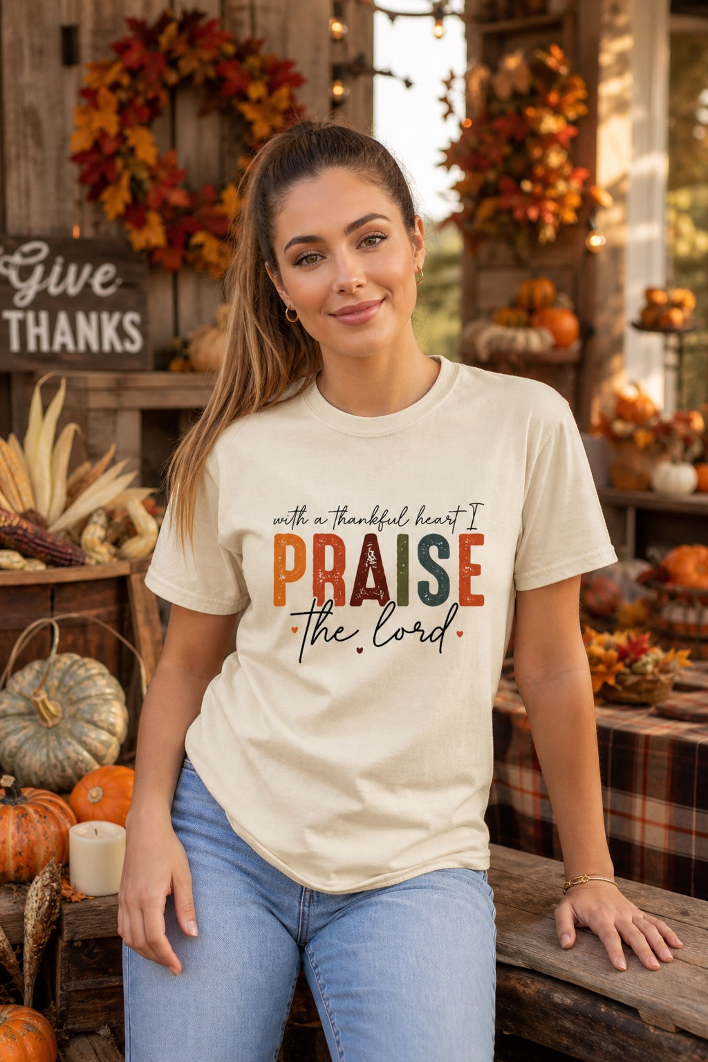 With a Thankful Heart I Praise the Lord printed Thanksgiving faith graphic tee in ivory worn by a model