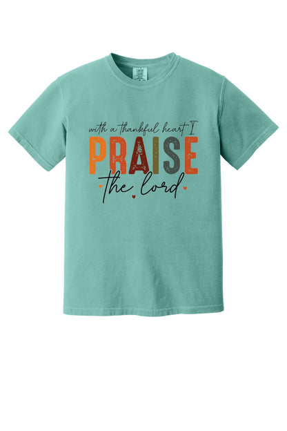 With a Thankful Heart I Praise the Lord printed Thanksgiving faith graphic tee in ivory in Seafoam
