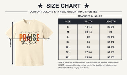 With a Thankful Heart I Praise the Lord printed Thanksgiving faith graphic tee in ivory - size chart
