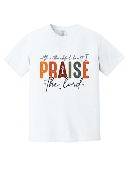 With a Thankful Heart I Praise the Lord printed Thanksgiving faith graphic tee in ivory in White