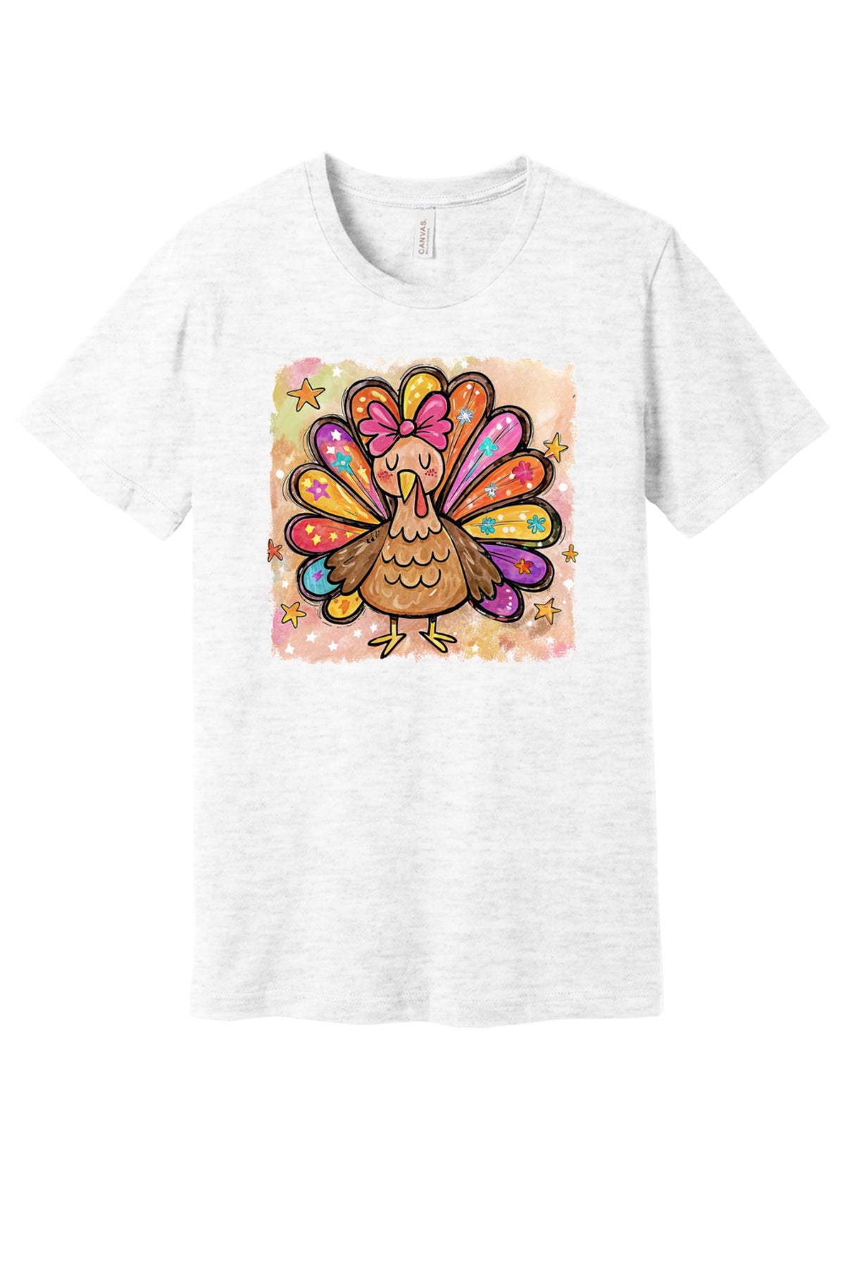 Colorful thanksgiving girl turkey pink bow watercolor tee printed on BELLA+CANVAS unisex short sleeve shirt in Ash