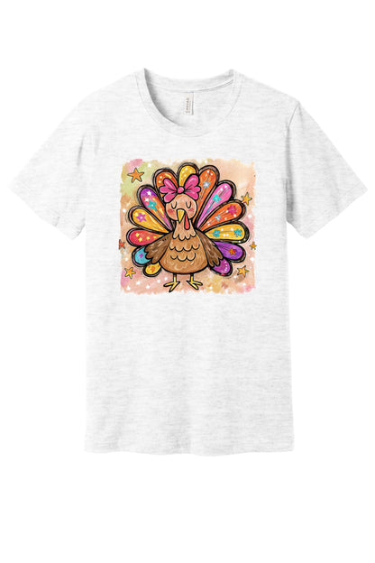 Colorful thanksgiving girl turkey pink bow watercolor tee printed on BELLA+CANVAS unisex short sleeve shirt in Ash