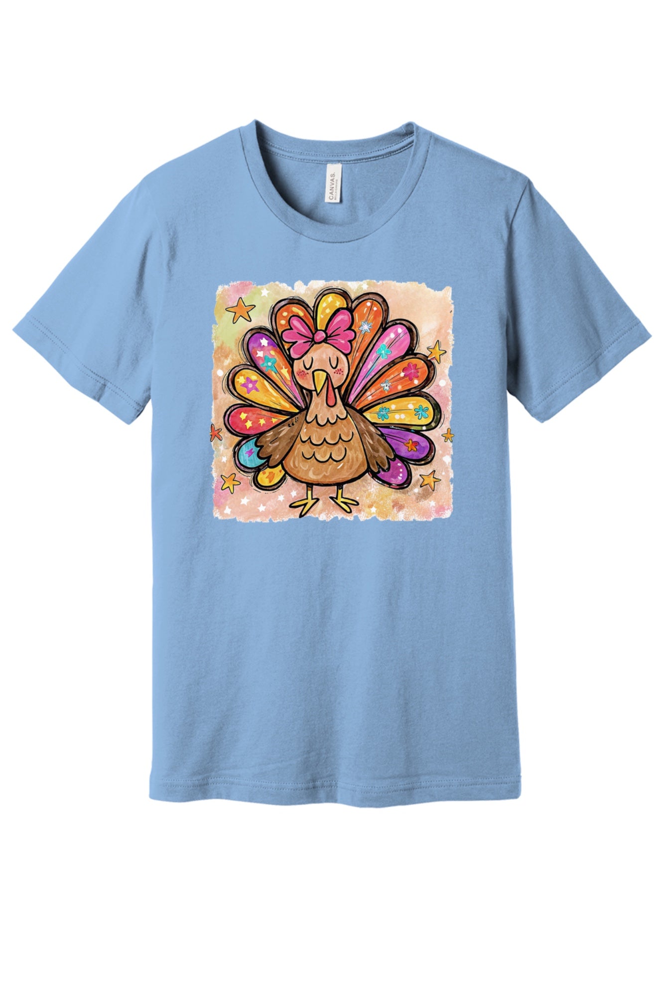 Colorful thanksgiving girl turkey pink bow watercolor tee printed on BELLA+CANVAS unisex short sleeve shirt in Baby Blue