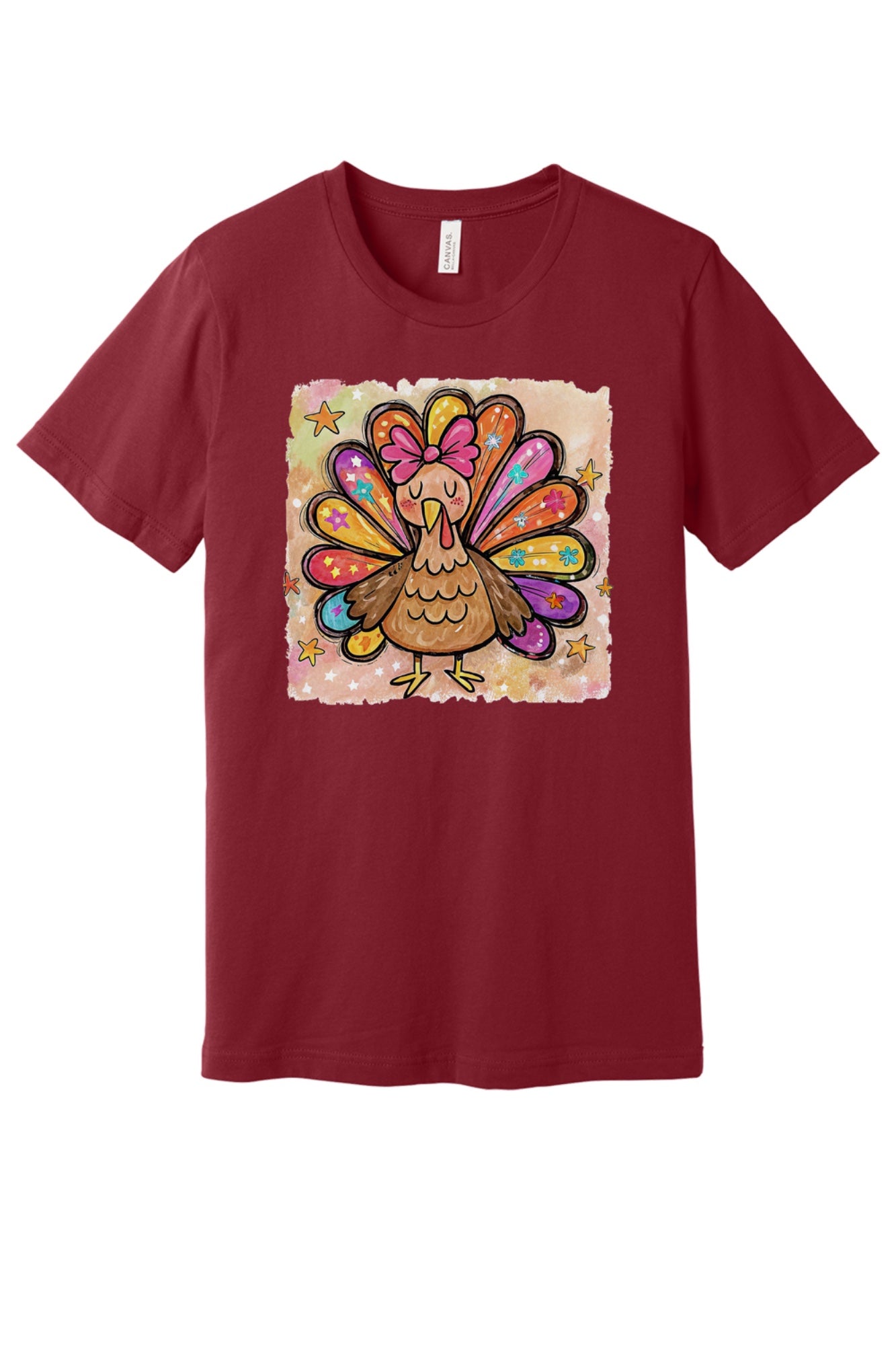Colorful thanksgiving girl turkey pink bow watercolor tee printed on BELLA+CANVAS unisex short sleeve shirt in Cardinal