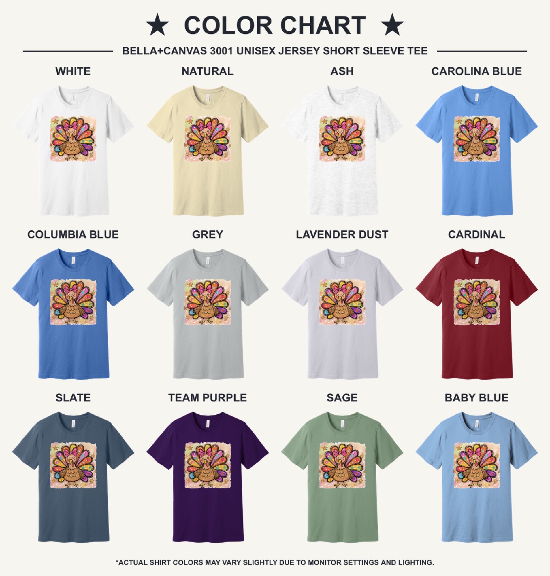 Colorful thanksgiving girl turkey pink bow watercolor tee printed on BELLA+CANVAS unisex short sleeve shirt - available shirt colors chart