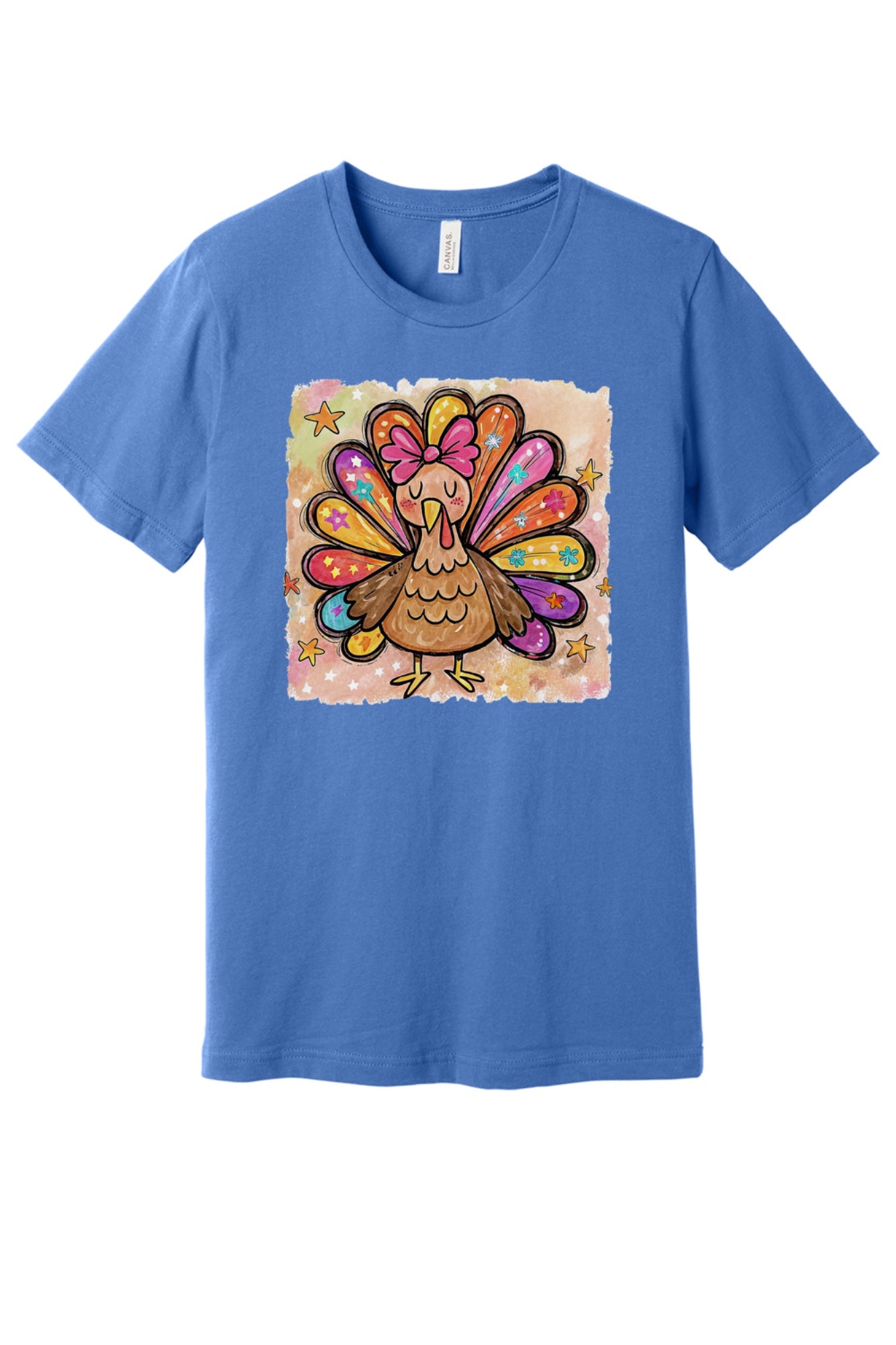 Colorful thanksgiving girl turkey pink bow watercolor tee printed on BELLA+CANVAS unisex short sleeve shirt in Columbia Blue