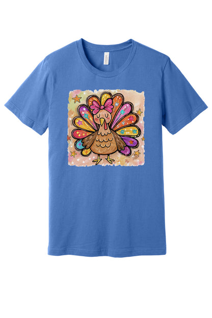 Colorful thanksgiving girl turkey pink bow watercolor tee printed on BELLA+CANVAS unisex short sleeve shirt in Columbia Blue