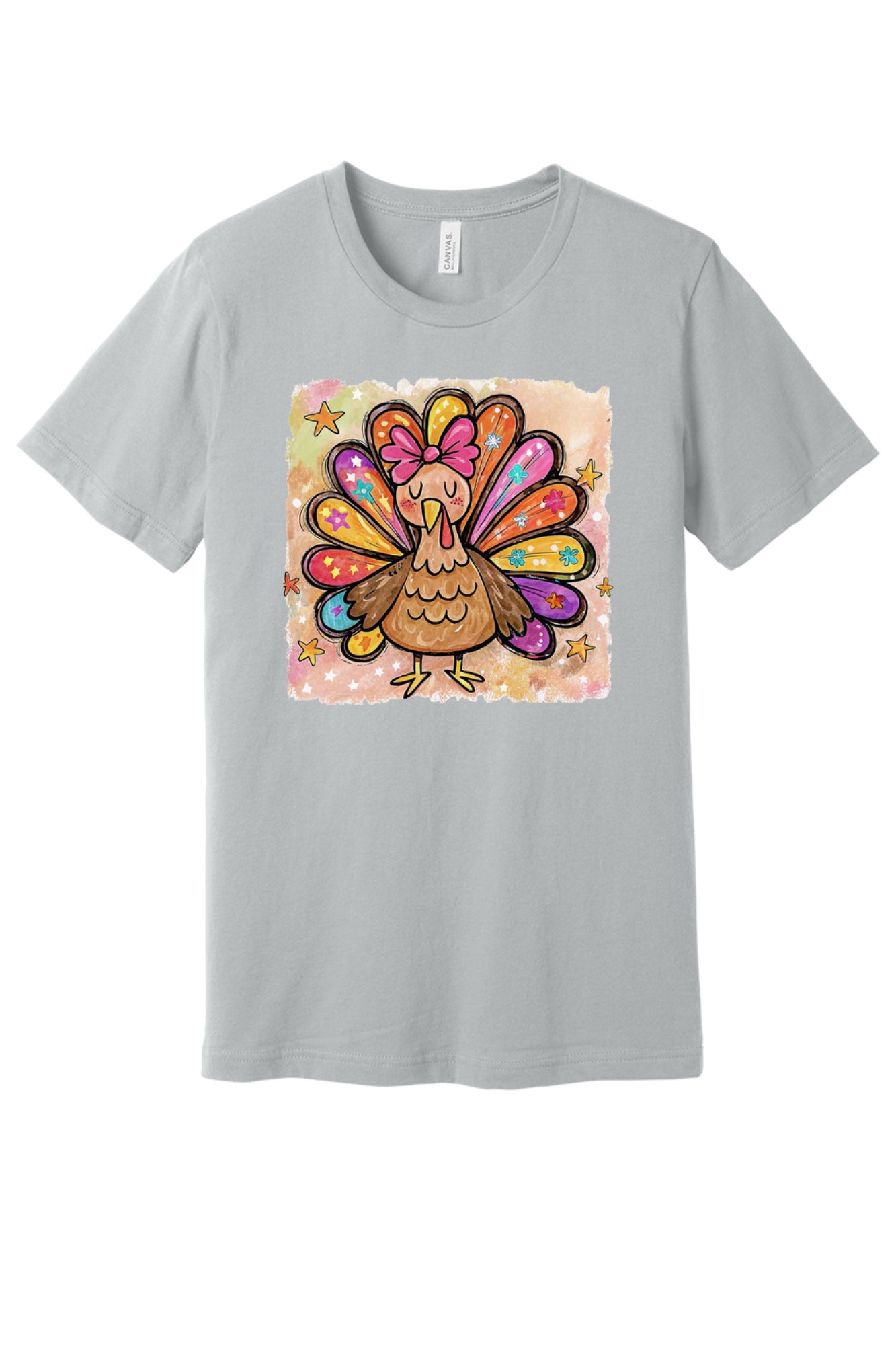 Colorful thanksgiving girl turkey pink bow watercolor tee printed on BELLA+CANVAS unisex short sleeve shirt in Grey