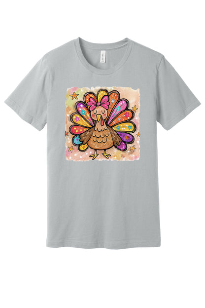 Colorful thanksgiving girl turkey pink bow watercolor tee printed on BELLA+CANVAS unisex short sleeve shirt in Grey