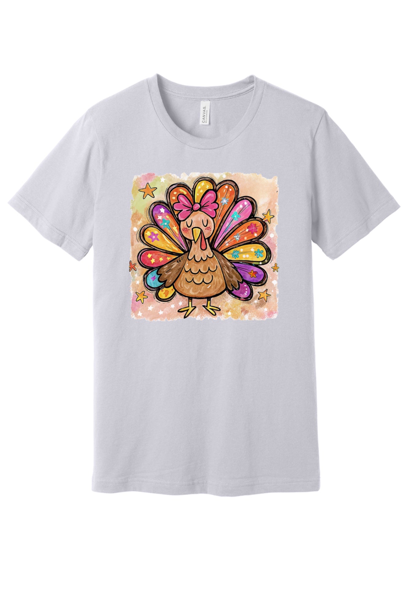 Colorful thanksgiving girl turkey pink bow watercolor tee printed on BELLA+CANVAS unisex short sleeve shirt in Lavender Dust