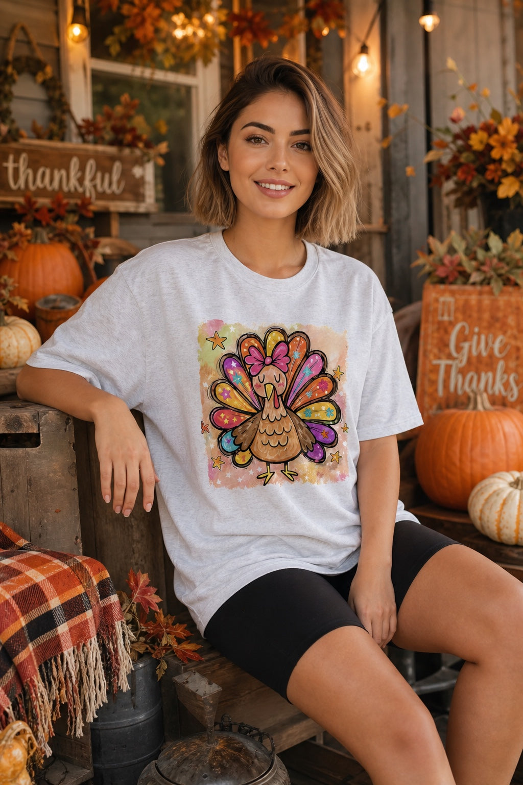Colorful thanksgiving girl turkey pink bow watercolor tee printed on BELLA+CANVAS unisex short sleeve shirt worn by a model