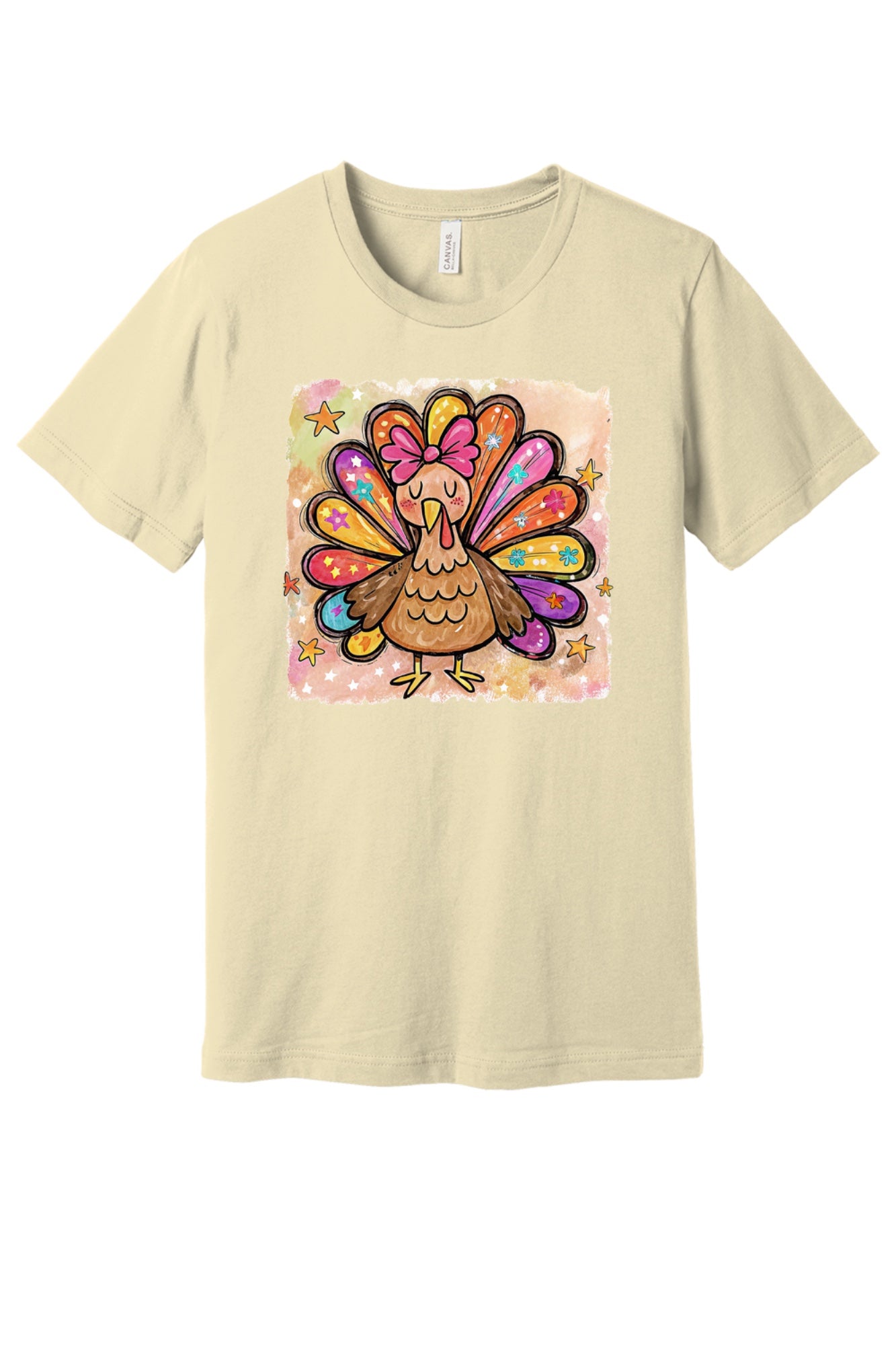 Colorful thanksgiving girl turkey pink bow watercolor tee printed on BELLA+CANVAS unisex short sleeve shirt in Natural