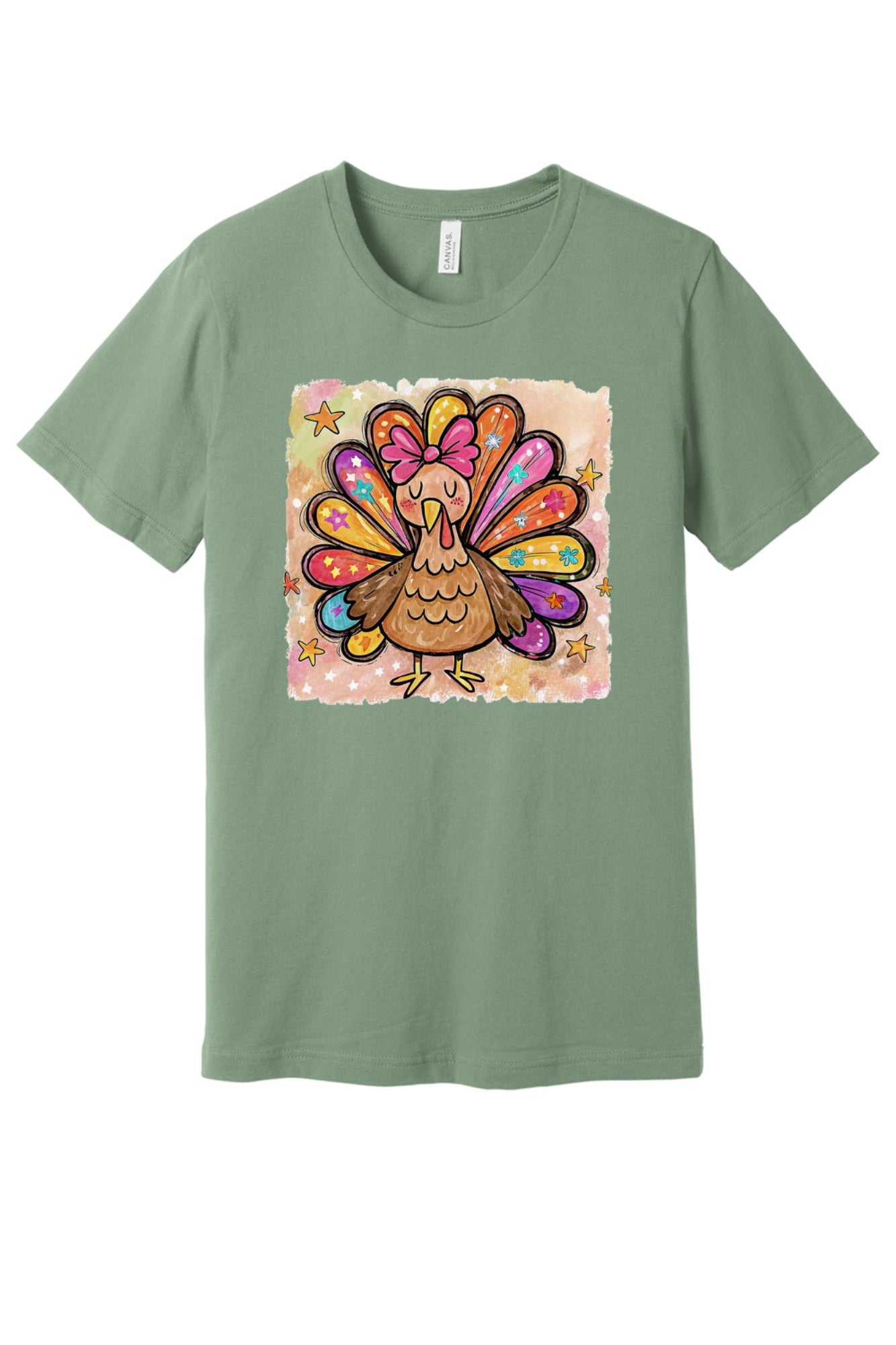 Colorful thanksgiving girl turkey pink bow watercolor tee printed on BELLA+CANVAS unisex short sleeve shirt in Sage
