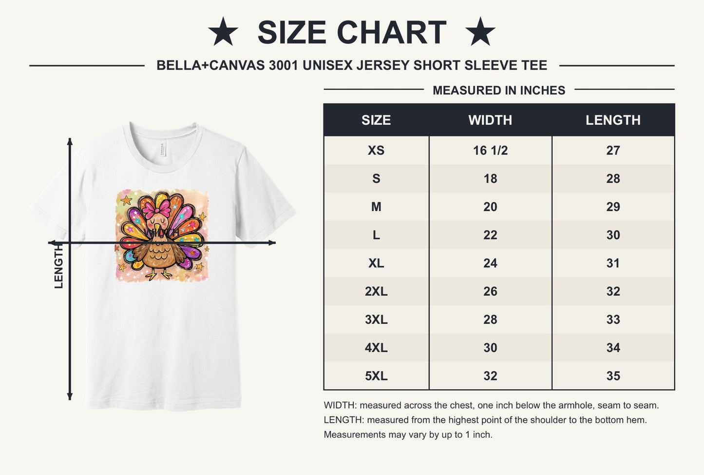 Colorful thanksgiving girl turkey pink bow watercolor tee printed on BELLA+CANVAS unisex short sleeve shirt - size chart