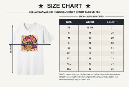 Colorful thanksgiving girl turkey pink bow watercolor tee printed on BELLA+CANVAS unisex short sleeve shirt - size chart