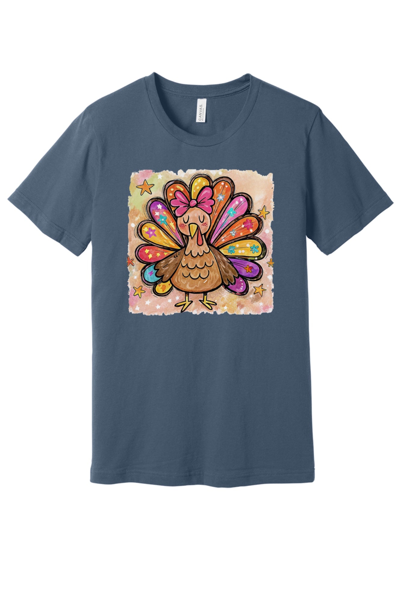Colorful thanksgiving girl turkey pink bow watercolor tee printed on BELLA+CANVAS unisex short sleeve shirt in Slate