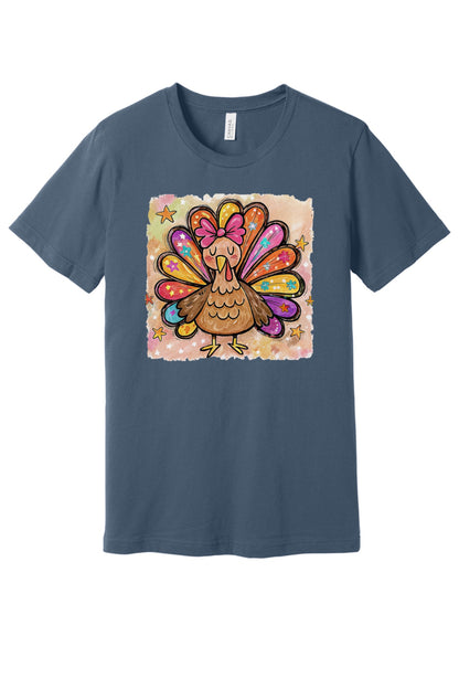 Colorful thanksgiving girl turkey pink bow watercolor tee printed on BELLA+CANVAS unisex short sleeve shirt in Slate