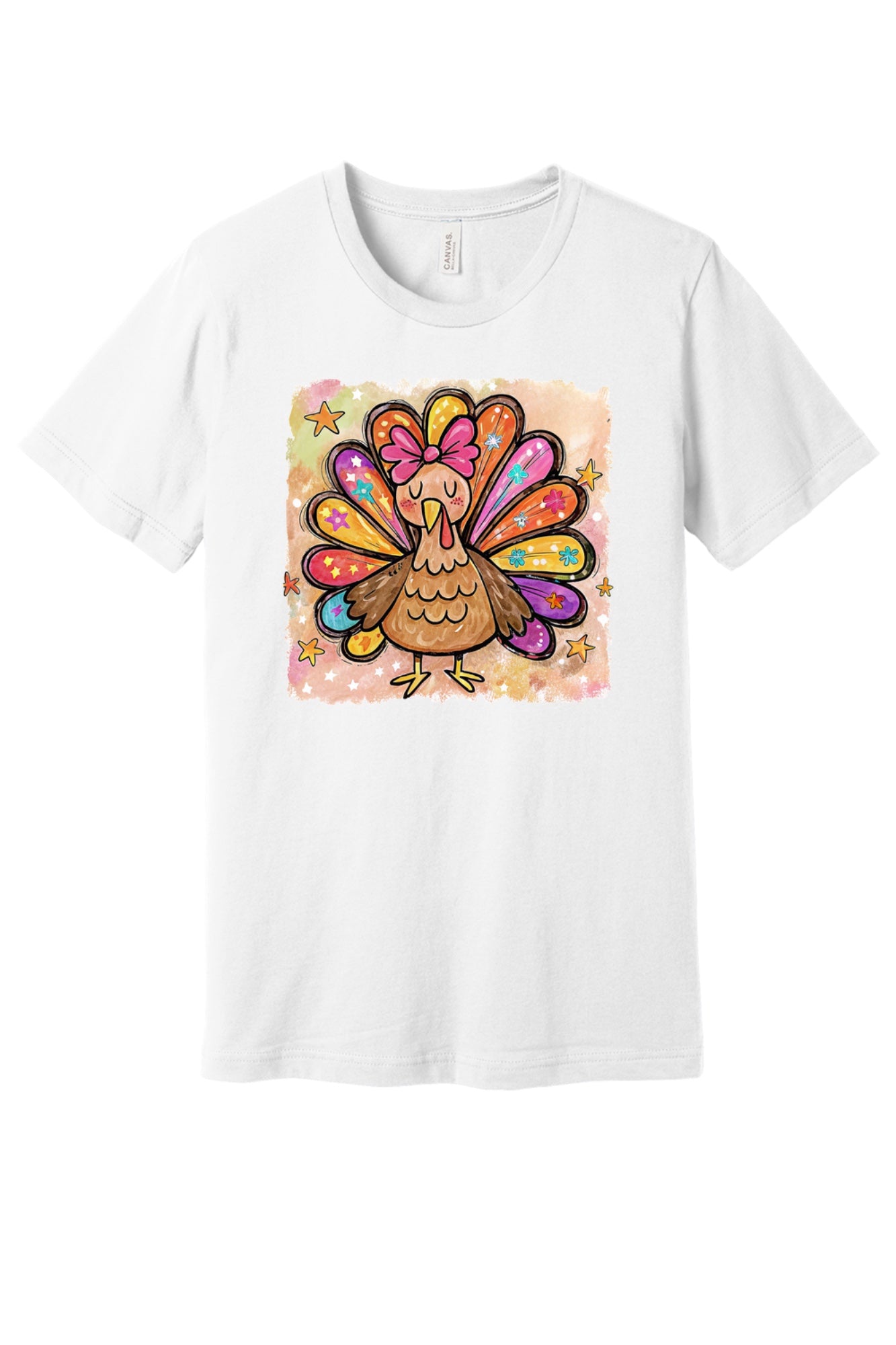 Colorful thanksgiving girl turkey pink bow watercolor tee printed on BELLA+CANVAS unisex short sleeve shirt in White