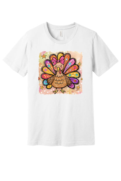 Colorful thanksgiving girl turkey pink bow watercolor tee printed on BELLA+CANVAS unisex short sleeve shirt in White