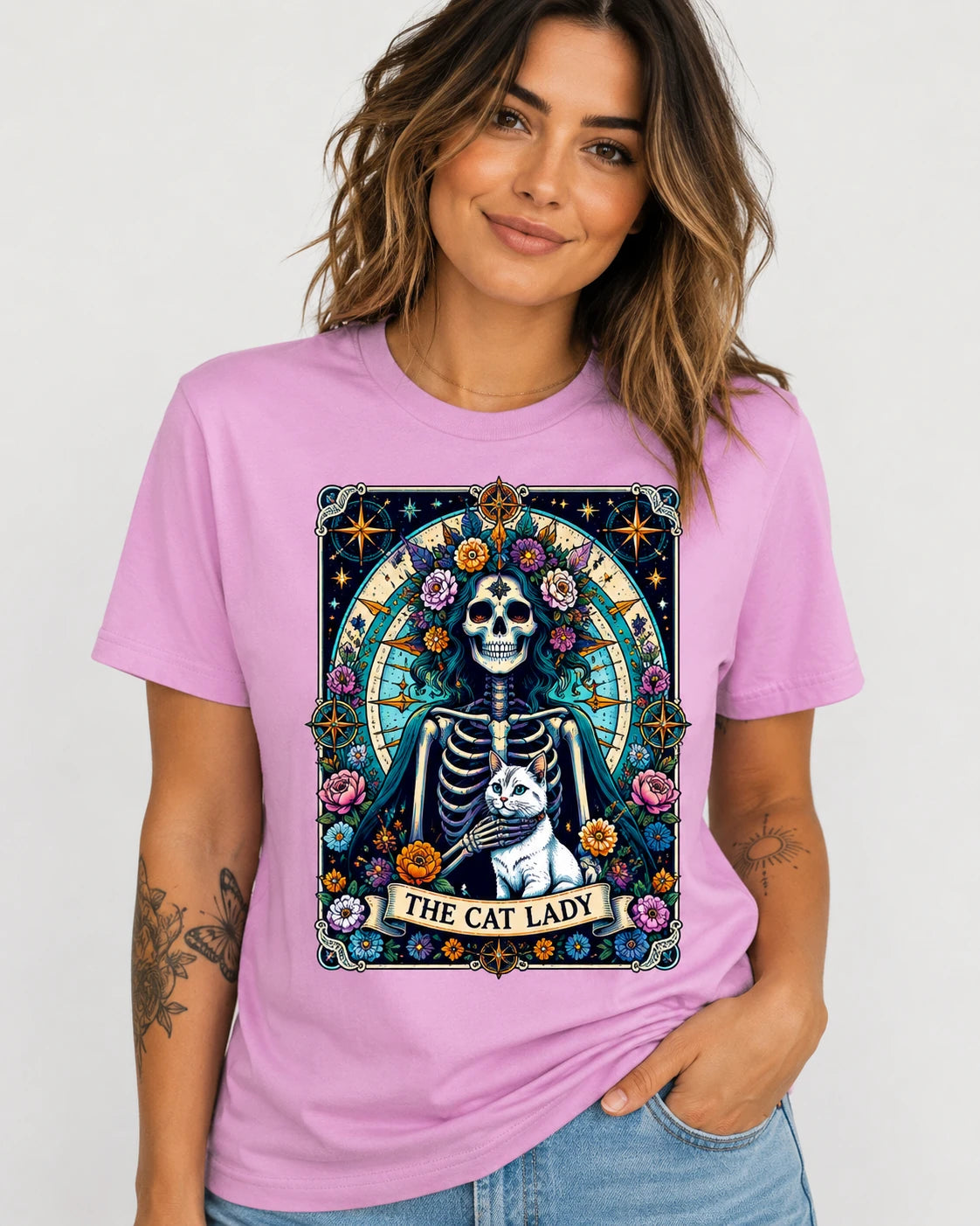 The Cat Lady Skeleton Halloween Graphic T-Shirt