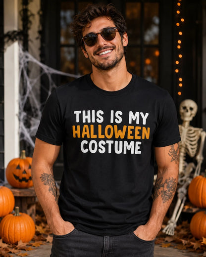 Man wearing This Is My Halloween Costume graphic T-shirt in a Halloween setting with pumpkins and skeleton decorations