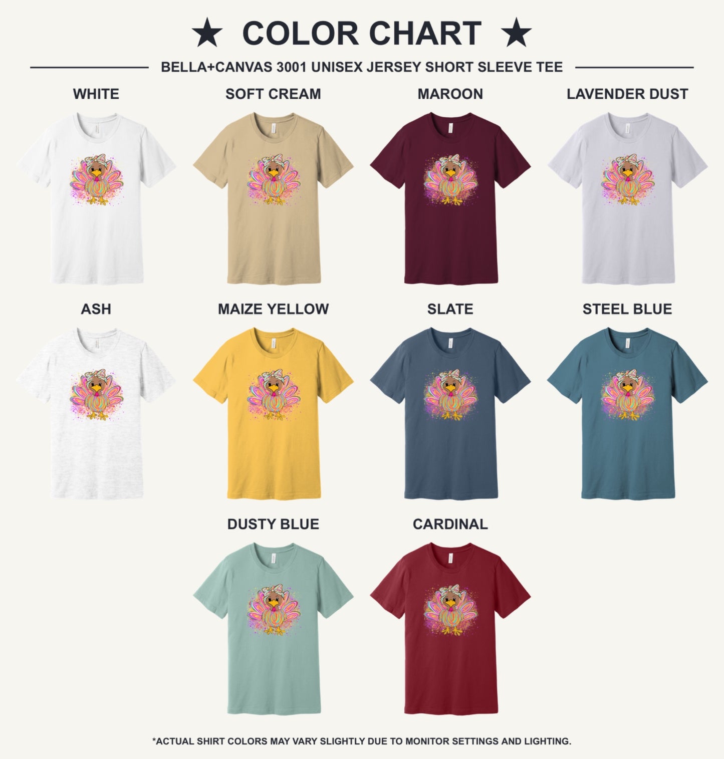 Colorful cartoon girl turkey with bow and tie-dye swirl feathers printed on a unisex Thanksgiving tee - available shirt colors chart
