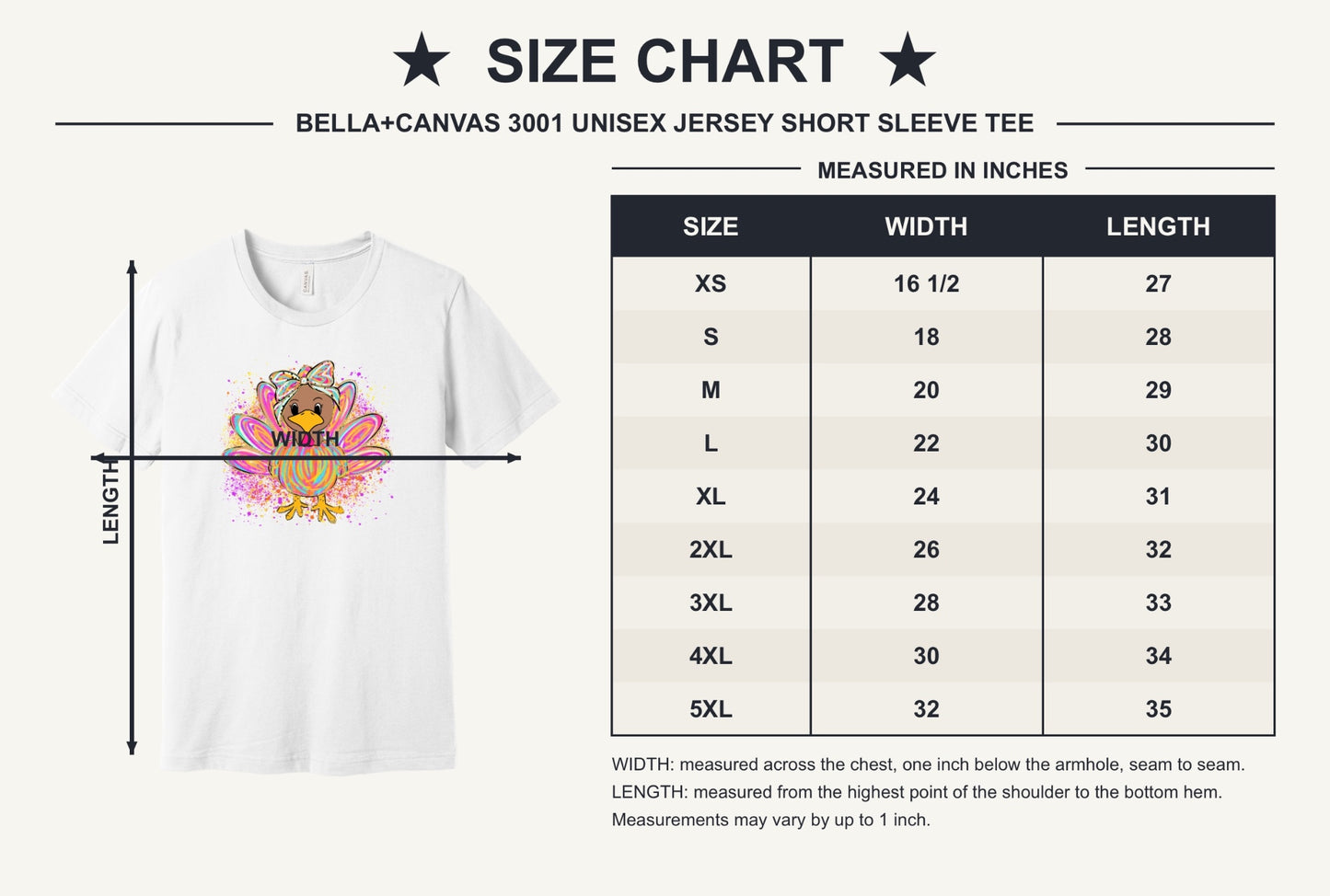 Colorful cartoon girl turkey with bow and tie-dye swirl feathers printed on a unisex Thanksgiving tee - size chart