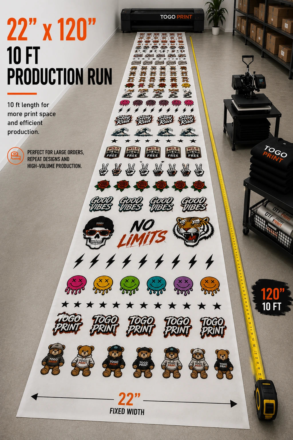 22 x 180 DTF gang sheet 15 ft long batch layout with repeated transfer designs for high volume printing
