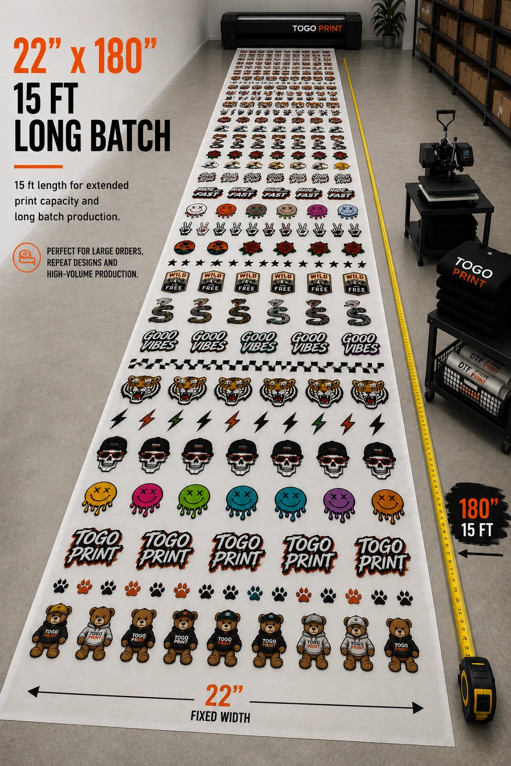 22 x 240 DTF gang sheet 20 ft maximum length layout with repeated designs for large production runs