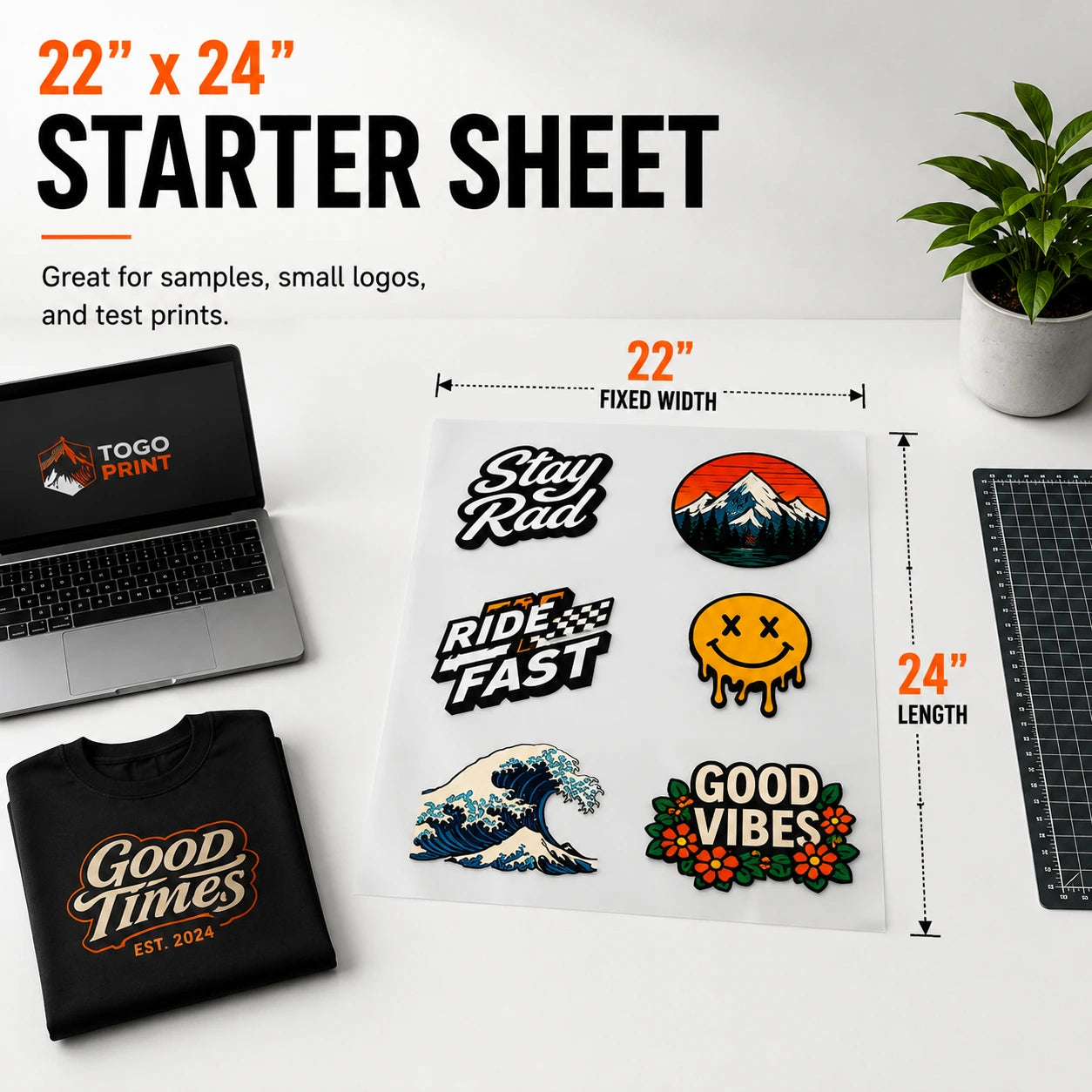 22 x 24 DTF gang sheet starter size for small logos, sample prints, and custom transfer layouts