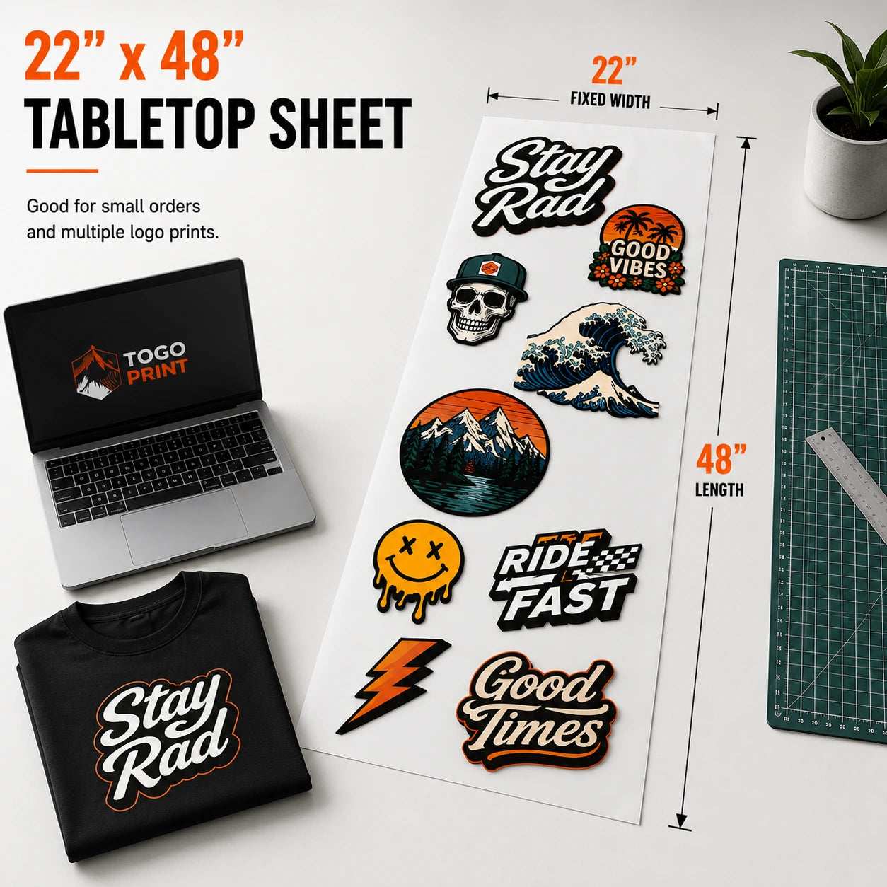 22 x 48 DTF gang sheet tabletop size for multiple logo prints, small orders, and custom apparel transfers