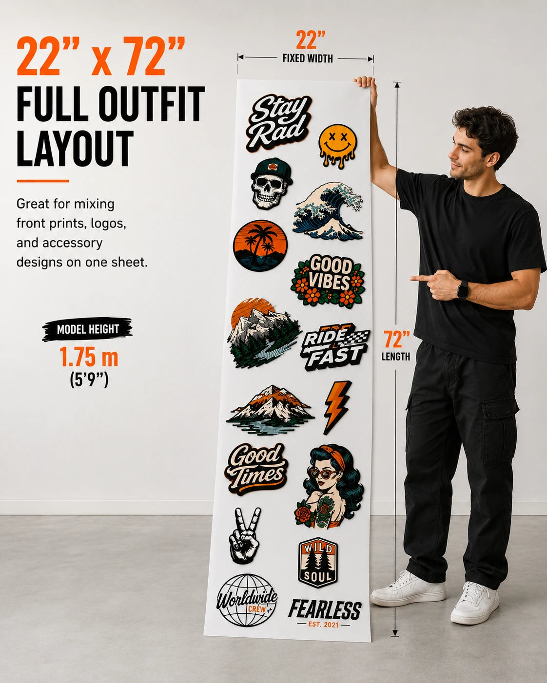 22 x 72 DTF gang sheet size shown with model scale for mixed apparel designs and custom print layouts