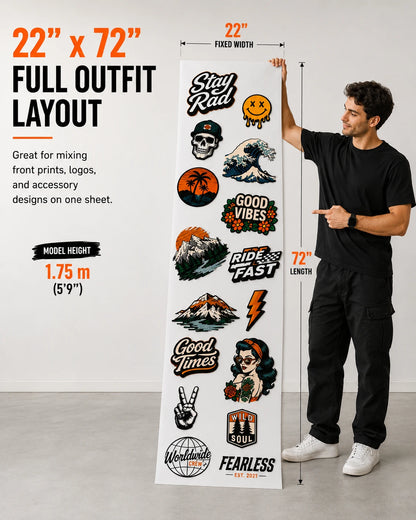 22 x 72 DTF gang sheet size shown with model scale for mixed apparel designs and custom print layouts