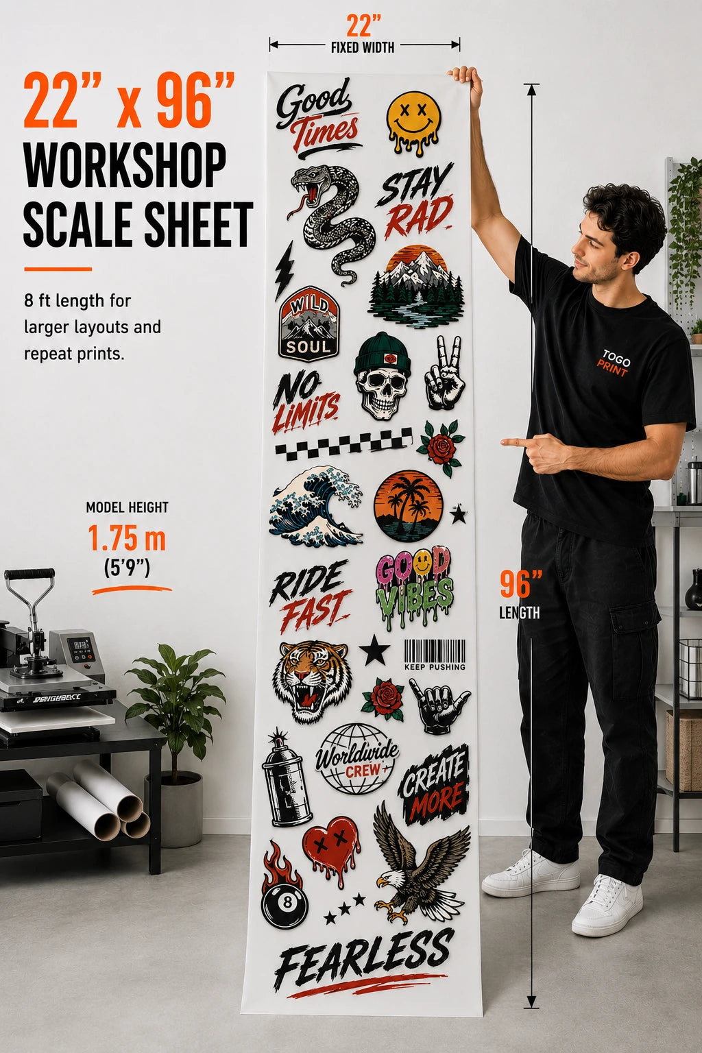 22 x 96 DTF gang sheet workshop size for larger custom transfer layouts and repeat print designs
