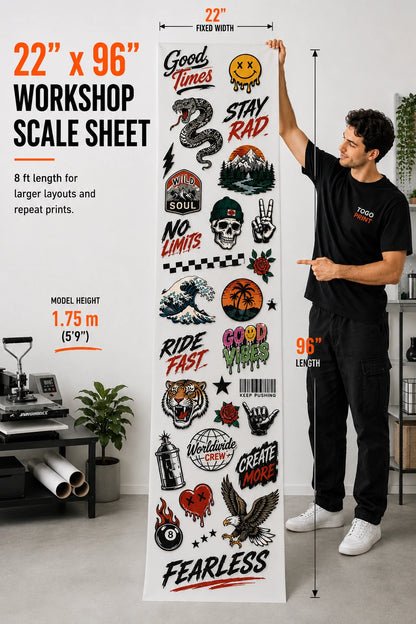 22 x 96 DTF gang sheet workshop size for larger custom transfer layouts and repeat print designs