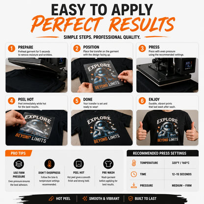 Easy DTF transfer application steps showing prepare, position, press, peel hot, and finish with recommended heat press settings.