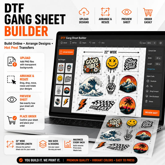 DTF gang sheet builder hot peel transfer layout with upload-ready custom designs and print shop setup