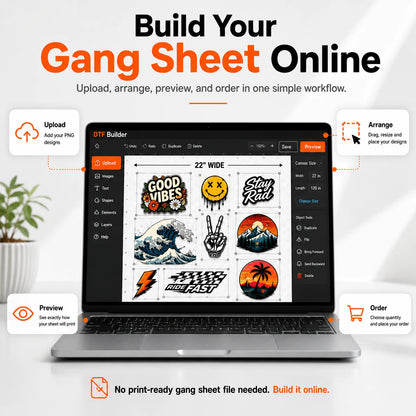 Laptop displaying design software for creating gang sheets online with various graphics on screen.