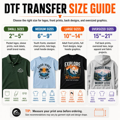 DTF transfer size guide showing recommended sizes for pocket logos, sleeve prints, youth fronts, adult front prints, full back prints, and oversized designs.