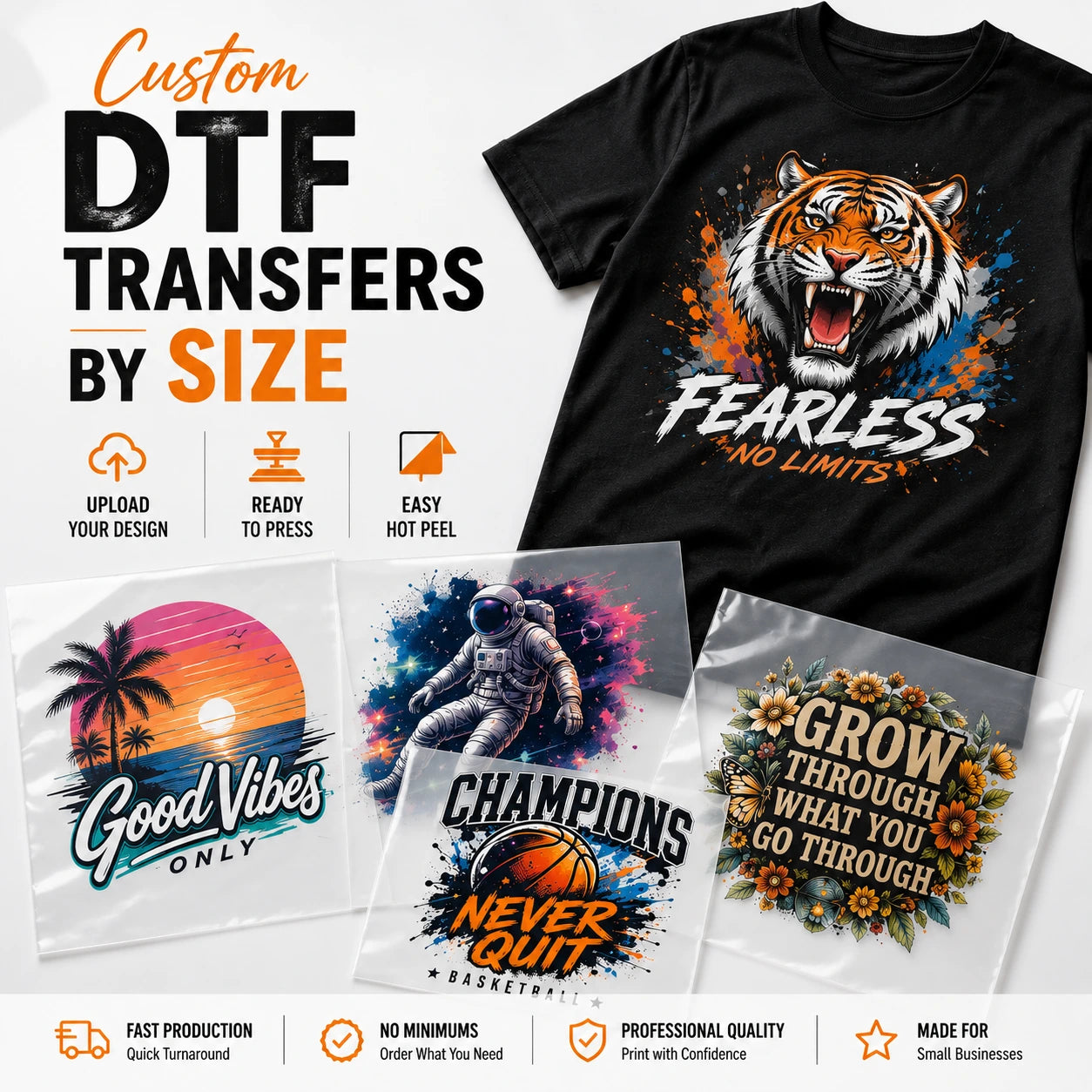 Custom DTF transfers by size with ready-to-press hot peel transfer sheets and printed T-shirt example.