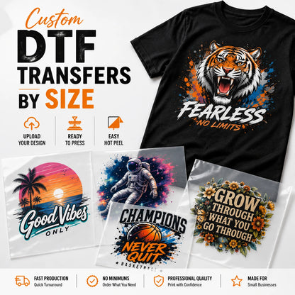 Custom DTF transfers by size with ready-to-press hot peel transfer sheets and printed T-shirt example.